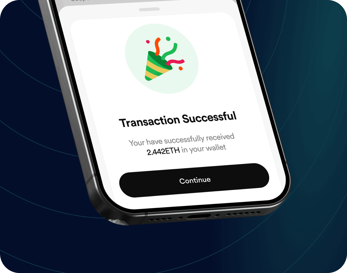 FlipEx app showing Ethereum received successfully in wallet