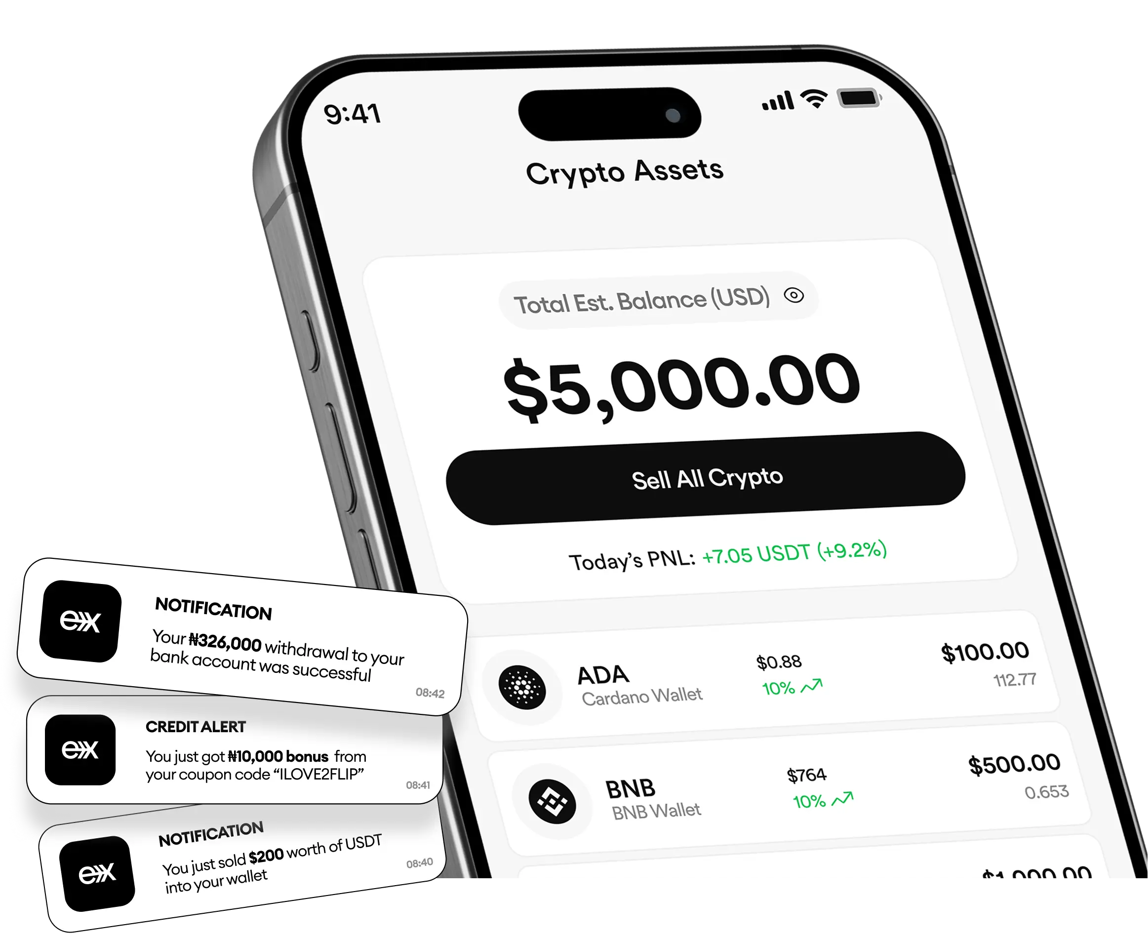FlipEx app showing crypto assets screen for selling Bitcoin, USDT and other Crypto to Naira